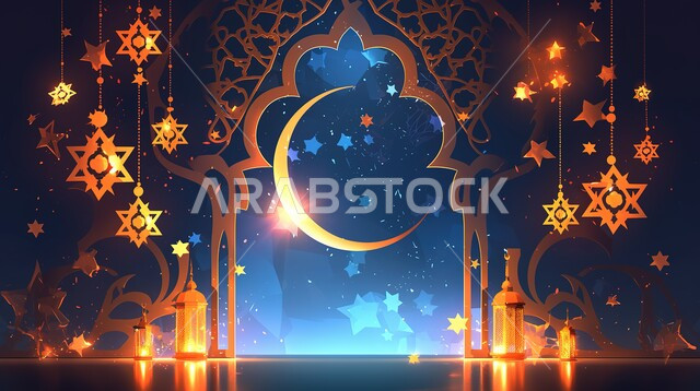 قالب تصميم رمضاني, التهنئة بقدوم شهر رمضان الكريم، فانوس وهلال مضيء، خلفية دينية اسلامية, تصاميم ثلاثية الابعاد, خلفية زرقاء