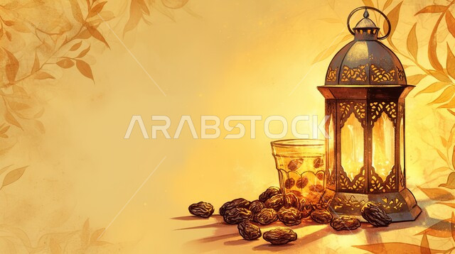 إفطار صحي في شهر رمضان المبارك، طبق ثلاثي الأبعاد  من التمر مع فانوس رمضاني، وجبة ذات قيمة غذائية عالية، ضيافة رمضانية في شهر الخير 