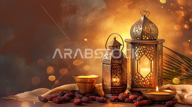 إفطار صحي في شهر رمضان المبارك، طبق ثلاثي الأبعاد  من التمر مع فانوس رمضاني، وجبة ذات قيمة غذائية عالية، ضيافة رمضانية في شهر الخير 