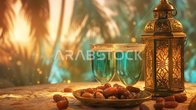 إفطار صحي في شهر رمضان المبارك، طبق ثلاثي الأبعاد  من التمر مع فانوس رمضاني، وجبة ذات قيمة غذائية عالية، ضيافة رمضانية في شهر الخير 