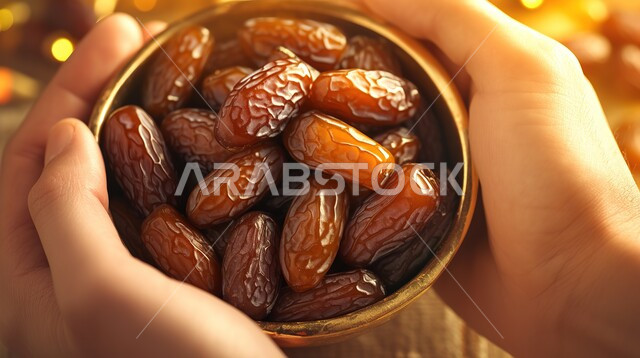منتجات ومحاصيل زراعية محلية وطنية، تمر من نخيل المملكة العربية السعودية، طبق مليء بالتمور الصحية الطازجة، وجبة ذات قيمة غذائية عالية، ضيافة رمضانية لذيذة