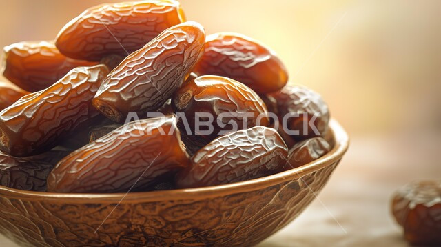 photo of a small bowl of handfuls of dates on a white background. blurred background 