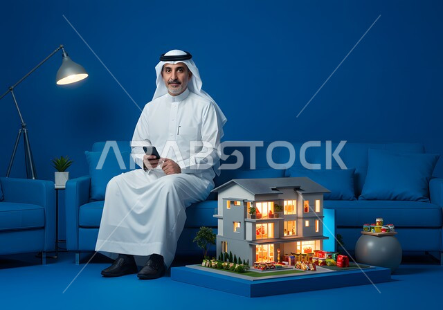 تصفح موقع العقار الالكتروني, استخدام وسيلة التقنية لشراء عقار جديد عبر الاونلاين, رجل عربي خليجي سعودي يرتدي الثوب و الغترة التقليدية يجلس على الكنبه بجانبه مجسم ثلاثي الابعاد لمنزل مضيء يعمل في المجال العقاري عبر الجوال, مفهوم الاسكان و التمليك, خلفية زرقاء