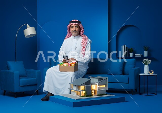 مفهوم الاسكان و التمليك, تصفح موقع العقار الالكتروني, استخدام وسيلة التقنية لشراء عقار جديد عبر الاونلاين, رجل عربي خليجي سعودي يرتدي الثوب و الشماغ التقليدي يجلس على الكنبه بجانبه مجسم ثلاثي الابعاد لمنزل مضيء يعمل في المجال العقاري عبر الجوال, خلفية زرقاء
