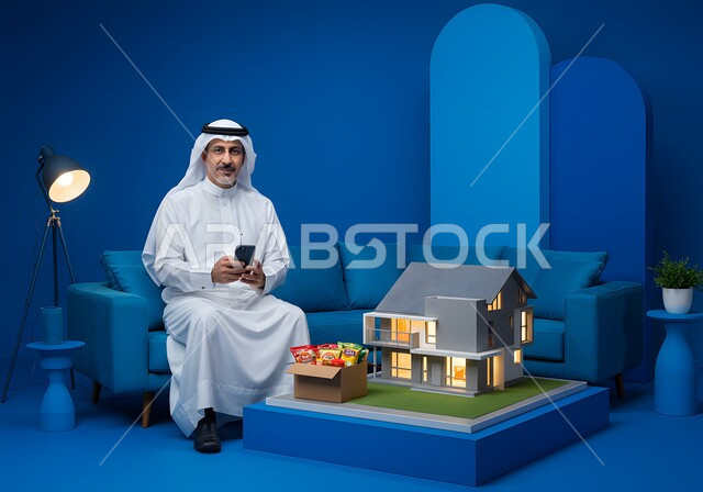 تصفح موقع العقار الالكتروني, مفهوم الاسكان و التمليك, استخدام وسيلة التقنية لشراء عقار جديد عبر الاونلاين, رجل عربي خليجي سعودي يرتدي الثوب و الشماغ التقليدي يجلس على الكنبه بجانبه مجسم ثلاثي الابعاد لمنزل مضيء يعمل في المجال العقاري عبر الجوال, خلفية زرقاء