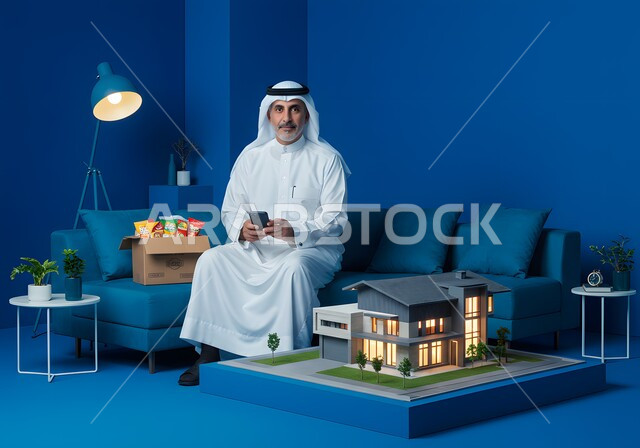 تصفح موقع العقار الالكتروني, مفهوم الاسكان و التمليك, استخدام وسيلة التقنية لشراء عقار جديد عبر الاونلاين, رجل عربي خليجي سعودي يرتدي الثوب و الشماغ التقليدي يجلس على الكنبه بجانبه مجسم ثلاثي الابعاد لمنزل مضيء يعمل في المجال العقاري عبر الجوال, خلفية زرقاء
