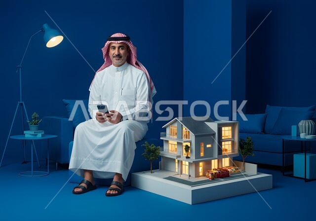 استخدام وسيلة التقنية لشراء عقار جديد عبر الاونلاين, مفهوم الاسكان و التمليك, تصفح موقع العقار الالكتروني, رجل عربي خليجي سعودي يرتدي الثوب و الشماغ التقليدي يجلس على الكنبه بجانبه مجسم ثلاثي الابعاد لمنزل مضيء يعمل في المجال العقاري عبر الجوال, خلفية زرقاء