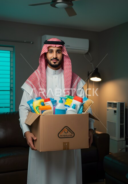Charitable humanitarian initiative and donation, a Saudi Arabian Gulf man wearing a traditional shemagh and thobe holding a box of cleaning supplies in his hand, looking at the camera with gestures of pleasure, donating to the mosque cleaning project of the Islamic Association in the Kingdom, a volunteer activity and charitable work