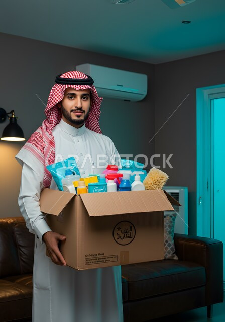 فعالية تطوعية واعمال خيرية، مبادرة وتبرع انساني خيري، رجل عربي خليجي سعودي يرتدي الشماغ والثوب التقليدي يحمل بيده صندوق مواد التنظيف ينظر الى الكاميرا بإيماءات السرور، التبرع لمشروع نظافة المسجد في الجمعية الاسلامية في المملكة