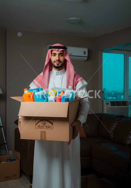 مبادرة وتبرع انساني خيري، رجل عربي خليجي سعودي يرتدي الشماغ والثوب التقليدي يحمل بيده صندوق مواد التنظيف ينظر الى الكاميرا بإيماءات السرور، التبرع لمشروع نظافة المسجد في الجمعية الاسلامية في المملكة، فعالية تطوعية واعمال خيرية