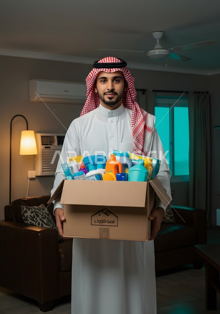 التبرع لمشروع نظافة المسجد في الجمعية الاسلامية في المملكة، مبادرة وتبرع انساني خيري، رجل عربي خليجي سعودي يرتدي الشماغ والثوب التقليدي يحمل بيده صندوق مواد التنظيف ينظر الى الكاميرا بإيماءات السرور، فعالية تطوعية واعمال خيرية