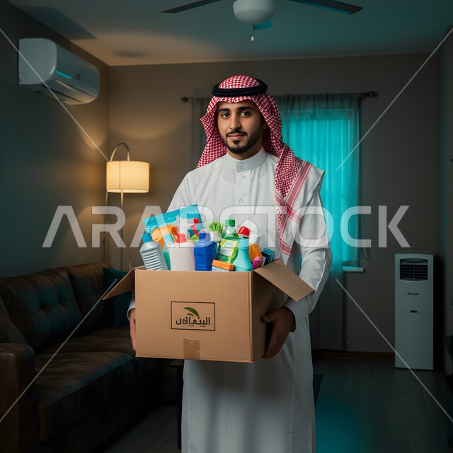 فعالية تطوعية واعمال خيرية، مبادرة وتبرع انساني خيري، رجل عربي خليجي سعودي يرتدي الشماغ والثوب التقليدي يحمل بيده صندوق مواد التنظيف ينظر الى الكاميرا بإيماءات السرور، التبرع لمشروع نظافة المسجد في الجمعية الاسلامية في المملكة