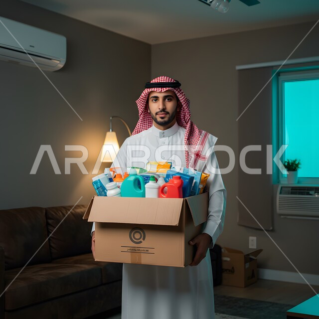 التبرع لمشروع نظافة المسجد في الجمعية الاسلامية في المملكة، مبادرة وتبرع انساني خيري، رجل عربي خليجي سعودي يرتدي الشماغ والثوب التقليدي يحمل بيده صندوق مواد التنظيف ينظر الى الكاميرا بإيماءات السرور، فعالية تطوعية واعمال خيرية