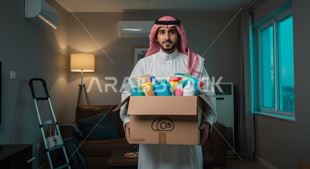 التبرع لمشروع نظافة المسجد في الجمعية الاسلامية في المملكة، مبادرة وتبرع انساني خيري، رجل عربي خليجي سعودي يرتدي الشماغ والثوب التقليدي يحمل بيده صندوق مواد التنظيف ينظر الى الكاميرا بإيماءات السرور، فعالية تطوعية واعمال خيرية