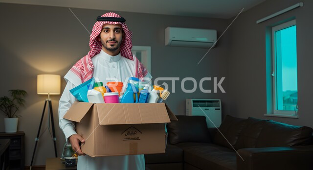 مبادرة وتبرع انساني خيري، رجل عربي خليجي سعودي يرتدي الشماغ والثوب التقليدي يحمل بيده صندوق مواد التنظيف ينظر الى الكاميرا بإيماءات السرور، التبرع لمشروع نظافة المسجد في الجمعية الاسلامية في المملكة، فعالية تطوعية واعمال خيرية