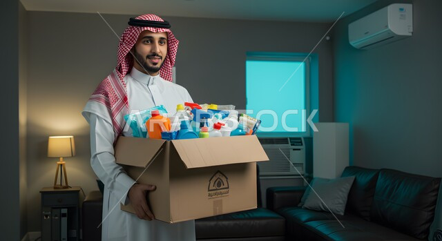 التبرع لمشروع نظافة المسجد في الجمعية الاسلامية في المملكة، مبادرة وتبرع انساني خيري، رجل عربي خليجي سعودي يرتدي الشماغ والثوب التقليدي يحمل بيده صندوق مواد التنظيف ينظر الى الكاميرا بإيماءات السرور، فعالية تطوعية واعمال خيرية