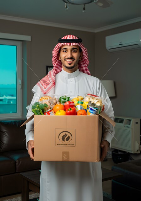 مبادرة وتبرع انساني خيري، توفير الطعام للمحتاجين، رجل عربي خليجي سعودي يرتدي الشماغ والثوب التقليدي يحمل بيده صندوق المواد الغذائية ينظر الى الكاميرا بإيماءات السرور، التبرع لمشروع السلة الغذائية في الجمعية الاسلامية في المملكة