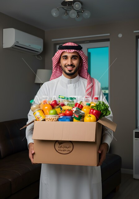 توفير الطعام للمحتاجين، مبادرة وتبرع انساني خيري، رجل عربي خليجي سعودي يرتدي الشماغ والثوب التقليدي يحمل بيده صندوق المواد الغذائية ينظر الى الكاميرا بإيماءات السرور، التبرع لمشروع السلة الغذائية في الجمعية الاسلامية في المملكة