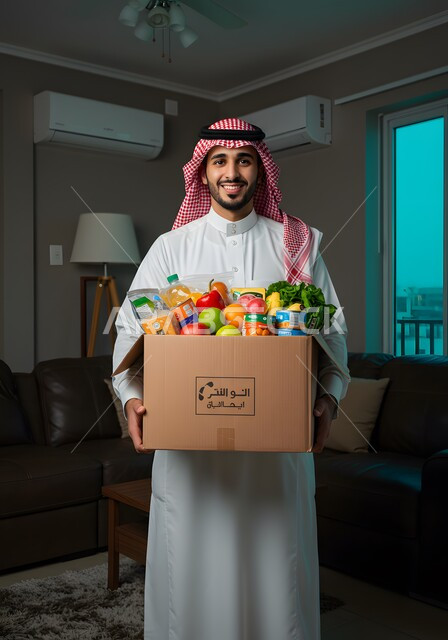 Charitable humanitarian initiative and donation, providing food for the needy, a Saudi Arabian Gulf man wearing a traditional shemagh and thobe holding a food box in his hand, looking at the camera with gestures of pleasure, donating to the food basket project of the Islamic Society in the Kingdom