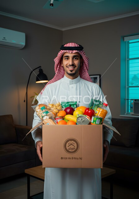 توفير الطعام للمحتاجين، مبادرة وتبرع انساني خيري، رجل عربي خليجي سعودي يرتدي الشماغ والثوب التقليدي يحمل بيده صندوق المواد الغذائية ينظر الى الكاميرا بإيماءات السرور، التبرع لمشروع السلة الغذائية في الجمعية الاسلامية في المملكة