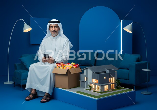 مفهوم الاسكان و التمليك, النظر الى الكاميرا بإيماءات السرور، تصفح موقع العقار الالكتروني, رجل عربي خليجي سعودي يرتدي الثوب و الشماغ التقليدي يجلس على الكنبه بجانبه مجسم ثلاثي الابعاد لمنزل مضيء وطرد من المقرمشات يعمل في المجال العقاري عبر الجوال, خلفية زرقاء