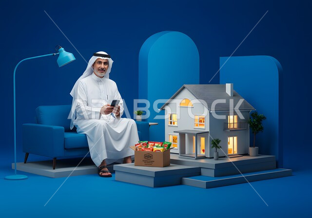 النظر الى الكاميرا بإيماءات السرور، تصفح موقع العقار الالكتروني, مفهوم الاسكان و التمليك, رجل عربي خليجي سعودي يرتدي الثوب و الشماغ التقليدي يجلس على الكنبه بجانبه مجسم ثلاثي الابعاد لمنزل مضيء وطرد من المقرمشات يعمل في المجال العقاري عبر الجوال, خلفية زرقاء