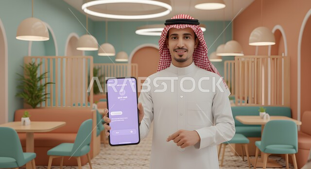 عرض تطبيق وخدمة الهاتف المحمول, استخدام التكنولوجيا الحديثة للتسوق الالكتروني عبر الانترنت,  صورة مقربة لشاب عربي خليجي سعودي مبتسم يرتدي الثوب التقليدي والشماغ يقف في المقهى يحمل بيده الجوال ينظر إلى الكاميرا بإيماءات السرور