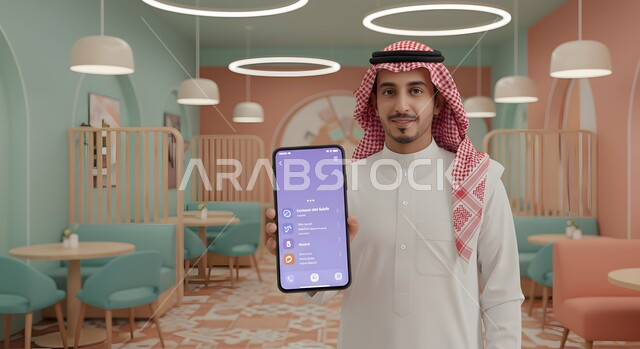 استخدام التكنولوجيا الحديثة للتسوق الالكتروني عبر الانترنت, عرض تطبيق وخدمة الهاتف المحمول, صورة مقربة لشاب عربي خليجي سعودي مبتسم يرتدي الثوب التقليدي والشماغ يقف في المقهى يحمل بيده الجوال ينظر إلى الكاميرا بإيماءات السرور
