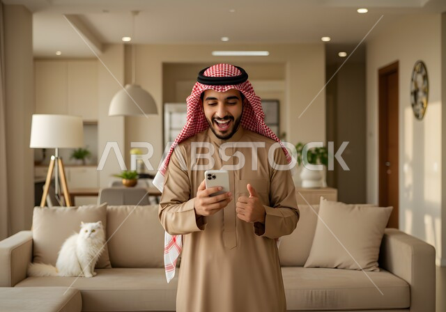 Raising the fist up with expressions of victory and triumph, the concept of receiving good news, a Saudi Arabian Gulf man wearing traditional thobe and shemagh standing in the living room holding a mobile phone, completing the required tasks, gestures of happiness and enthusiasm for success and achieving the goal, using a modern and advanced technical device