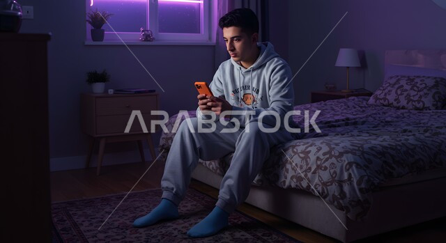 مفهوم الانزعاج لتلقي خبر سيء، استخدام التكنولوجيا والتقنية الحديثة المتطورة، شاب عربي خليجي سعودي يجلس على سرير مريح يمسك بيده الهاتف المحمول يقوم بتصفح تطبيقات التواصل الاجتماعي بإيماءات الملل والقلق، الدردشة مع الأهل والأصدقاء