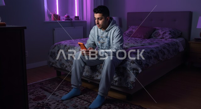 مفهوم الانزعاج لتلقي خبر سيء، استخدام التكنولوجيا والتقنية الحديثة المتطورة، شاب عربي خليجي سعودي يجلس على سرير مريح يمسك بيده الهاتف المحمول يقوم بتصفح تطبيقات التواصل الاجتماعي بإيماءات الملل والقلق، الدردشة مع الأهل والأصدقاء