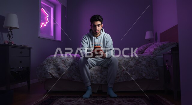 مفهوم الانزعاج لتلقي خبر سيء، استخدام التكنولوجيا والتقنية الحديثة المتطورة، شاب عربي خليجي سعودي يجلس على سرير مريح يمسك بيده الهاتف المحمول يقوم بتصفح تطبيقات التواصل الاجتماعي بإيماءات الملل والقلق، الدردشة مع الأهل والأصدقاء