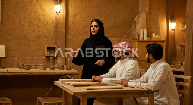 Workshop in a traditional environment, a veiled Saudi Arabian Gulf lady wearing a black abaya teaching a handicraft, two young Saudi men wearing a traditional shemagh and thobe sitting at the table looking at the trainer with gestures of focus and integration
