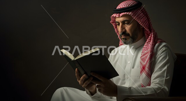 الإكثار من الطاعة وذكر الله تعالى، الاجتهاد في العبادة واداء الفريضة الدينية، قراءة و تلاوة القرآن الكريم، بورتريه مقرب لرجل عربي سعودي خليجي يرتدي الشماغ والثوب التقليدي يمسك بيده المصحف الشريف، التقرب الى رب العالمين في شهر رمضان المبارك، خلفية سوداء