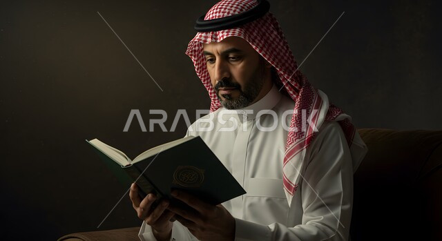 الاجتهاد في العبادة واداء الفريضة الدينية، قراءة و تلاوة القرآن الكريم، الإكثار من الطاعة وذكر الله تعالى، بورتريه مقرب لرجل عربي سعودي خليجي يرتدي الشماغ والثوب التقليدي يمسك بيده المصحف الشريف، التقرب الى رب العالمين في شهر رمضان المبارك، خلفية سوداء