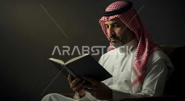Increasing obedience and remembrance of God Almighty, striving in worship and performing religious duties, reading and reciting the Holy Quran, close-up portrait of a Saudi Arabian Gulf man wearing a traditional shemagh and thobe holding the Holy Quran in his hand, drawing closer to the Lord of the Worlds in the holy month of Ramadan, black background