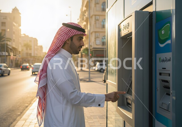 استخدام التقنية الحديثة المتطورة، صورة من الجانب لرجل عربي خليجي سعودي يرتدي الشماغ و الثوب التقليدي يقوم بإدخال البطاقة الائتمانية في ماكينة الصراف الآلي، سهولة وإمكانية سحب النقود، الدفع والشراء من خلال البطاقات البنكية