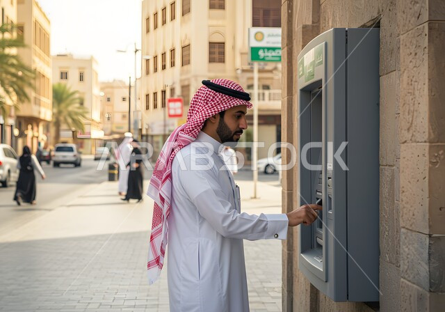 سهولة وإمكانية سحب النقود، استخدام التقنية الحديثة المتطورة، صورة من الجانب لرجل عربي خليجي سعودي يرتدي الشماغ و الثوب التقليدي يقوم بإدخال البطاقة الائتمانية في ماكينة الصراف الآلي، الدفع والشراء من خلال البطاقات البنكية