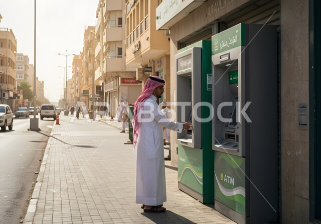 استخدام الوسائل والتقنيات الحديثة، صورة من الجانب لرجل عربي خليجي سعودي يرتدي الشماغ و الزي التقليدي يقوم بإدخال البطاقة الائتمانية في ماكينة الصراف الآلي، سهولة وإمكانية سحب النقود، الدفع والشراء من خلال البطاقات البنكية