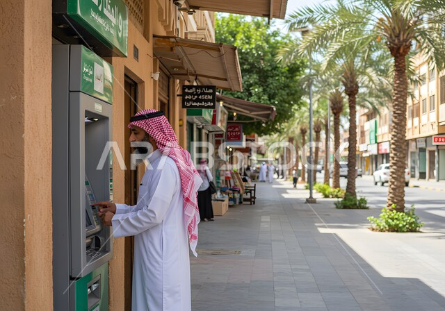 سهولة وإمكانية سحب النقود، استخدام الوسائل والتقنيات الحديثة، صورة من الجانب لرجل عربي خليجي سعودي يرتدي الشماغ و الزي التقليدي يقوم بإدخال البطاقة الائتمانية في ماكينة الصراف الآلي، الدفع والشراء من خلال البطاقات البنكية
