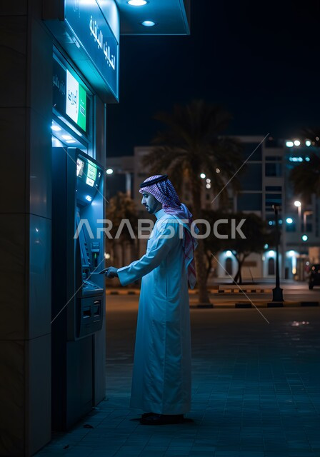 استخدام التقنية الحديثة المتطورة، الدفع والشراء من خلال البطاقات البنكية، صورة من الجانب لرجل عربي خليجي سعودي يرتدي الشماغ و الثوب التقليدي يقوم بإدخال البطاقة الائتمانية في ماكينة الصراف الآلي المضيئة ليلا، سهولة وإمكانية سحب النقود