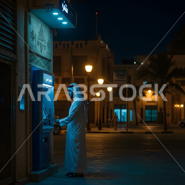 Ease and possibility of withdrawing money, paying and purchasing through bank cards, side view of a Saudi Arabian Gulf man wearing a traditional shemagh and thobe inserting a credit card into an illuminated ATM at night, using modern advanced technology