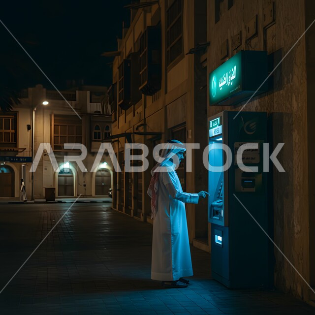 الدفع والشراء من خلال البطاقات البنكية، سهولة وإمكانية سحب النقود، صورة من الجانب لرجل عربي خليجي سعودي يرتدي الشماغ و الثوب التقليدي يقوم بإدخال البطاقة الائتمانية في ماكينة الصراف الآلي المضيئة ليلا، استخدام التقنية الحديثة المتطورة