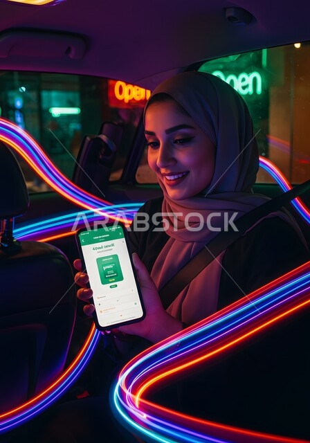 استخدام التكنولوجيا الحديثة للتسوق الالكتروني عبر الانترنت, عرض تطبيق وخدمة الهاتف المحمول, صورة مقربة لشابة عربية خليجية سعودية مبتسمة محجبة في السيارة تحمل بيدها الجوال بتعابير السرور، اضواء هولوجرامية ثلاثية الابعاد ملونة