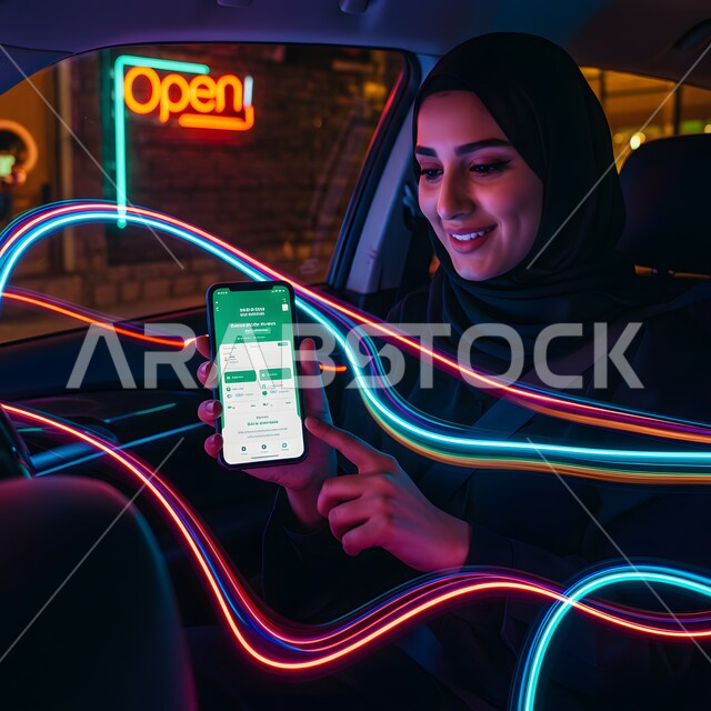 Mobile application and service display, using modern technology for online shopping, close-up of a smiling veiled Saudi Arabian Gulf young woman in the car pointing her index finger at the mobile screen with an expression of pleasure, colorful 3D holographic lights