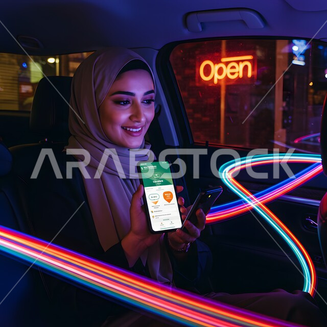 استخدام التكنولوجيا الحديثة للتسوق الالكتروني عبر الانترنت, عرض تطبيق وخدمة الهاتف المحمول, صورة مقربة لشابة عربية خليجية سعودية مبتسمة محجبة في السيارة تحمل بيدها الجوال بتعابير السرور، اضواء هولوجرامية ثلاثية الابعاد ملونة