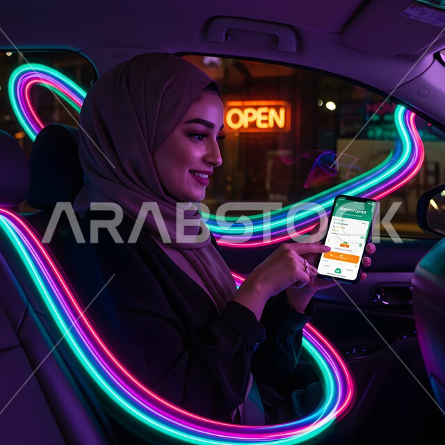 عرض تطبيق وخدمة الهاتف المحمول, استخدام التكنولوجيا الحديثة للتسوق الالكتروني عبر الانترنت, صورة مقربة لشابة عربية خليجية سعودية مبتسمة محجبة في السيارة تشير بإصبع السبابة الى شاشة الجوال بتعابير السرور، اضواء هولوجرامية ثلاثية الابعاد ملونة