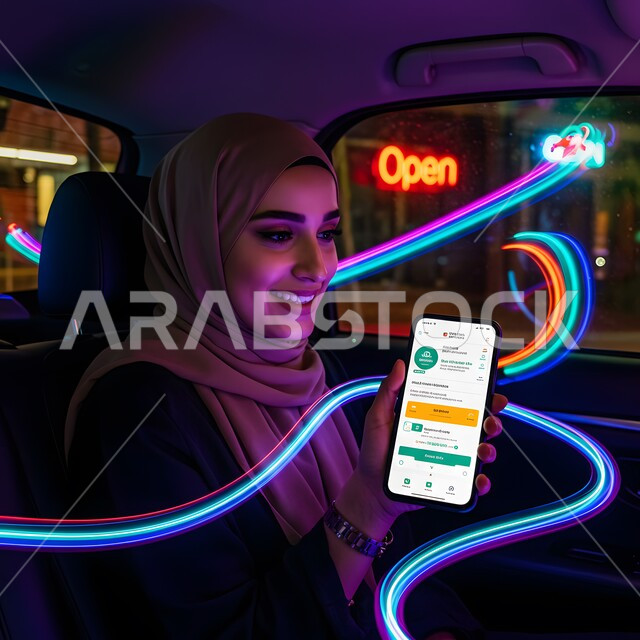 استخدام التكنولوجيا الحديثة للتسوق الالكتروني عبر الانترنت, عرض تطبيق وخدمة الهاتف المحمول, صورة مقربة لشابة عربية خليجية سعودية مبتسمة محجبة في السيارة تحمل بيدها الجوال بتعابير السرور، اضواء هولوجرامية ثلاثية الابعاد ملونة