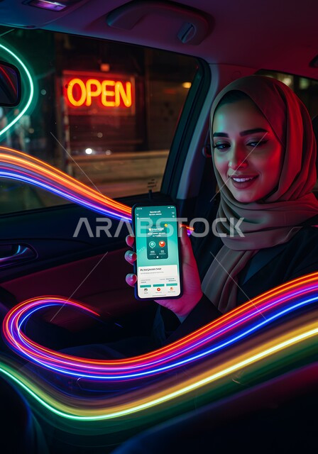 استخدام التكنولوجيا الحديثة للتسوق الالكتروني عبر الانترنت, عرض تطبيق وخدمة الهاتف المحمول, صورة مقربة لشابة عربية خليجية سعودية مبتسمة محجبة في السيارة تحمل بيدها الجوال بتعابير السرور، اضواء هولوجرامية ثلاثية الابعاد ملونة