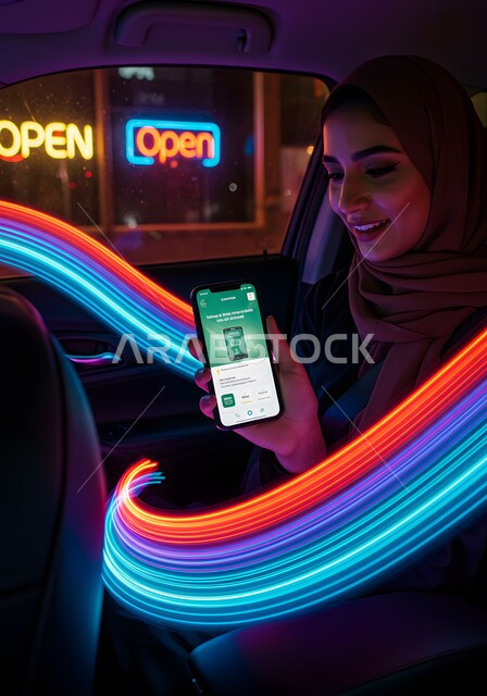 عرض تطبيق وخدمة الهاتف المحمول, استخدام التكنولوجيا الحديثة للتسوق الالكتروني عبر الانترنت, صورة مقربة لشابة عربية خليجية سعودية مبتسمة محجبة في السيارة تحمل بيدها الجوال بتعابير السرور، اضواء هولوجرامية ثلاثية الابعاد ملونة